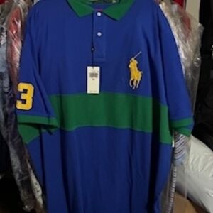 Polo by Ralph Lauren Men's Blue and Green Polo Shirt with Yellow Logo